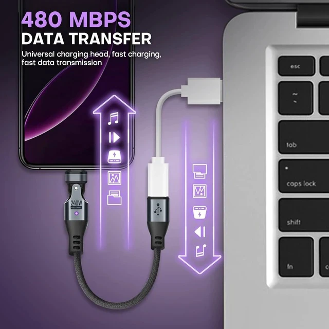 Alt view image 4 of 7 - Magnetic USB Adapter Type C to C with 4 Short Cable 2 Pack 16 PIN PD 240W 180° Rotation USB 2.0 480MBPS 1V3 Tips OTG Port Replacement & Extender Adapter (Black)