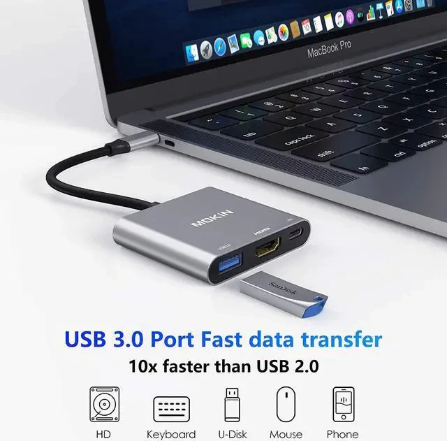Alt view image 5 of 6 - USB C to HDMI Multiport Adapter Type-C Hub Thunderbolt 3 to HDMI 4K Output USB 3.0 Port and USB-C Charging Port Digital AV Adapter for MacBook Pro/air Galaxy S8/S9
