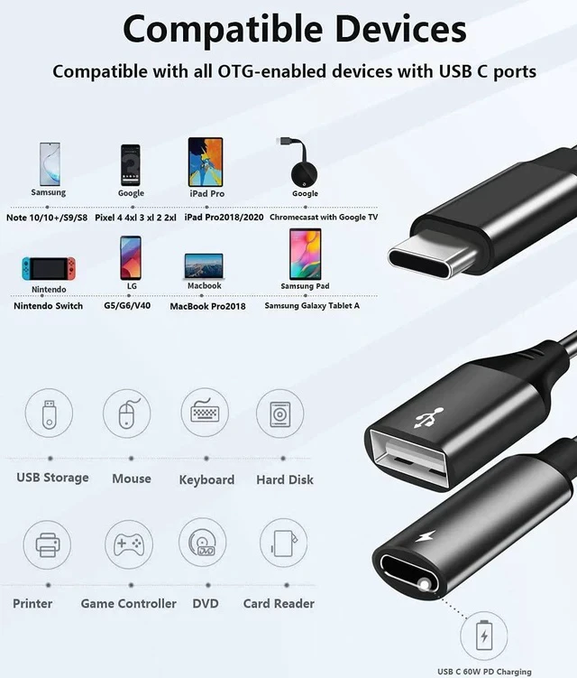 Alt view image 5 of 7 - USB C OTG Adapter with Power USB C to USB Female with 60W PD Charging OTG Adapter for S21/S20/S20+/Note 10+ iPad Pro Google Chromecast with Google TV Android LG V40 30 XPS-2 Pack