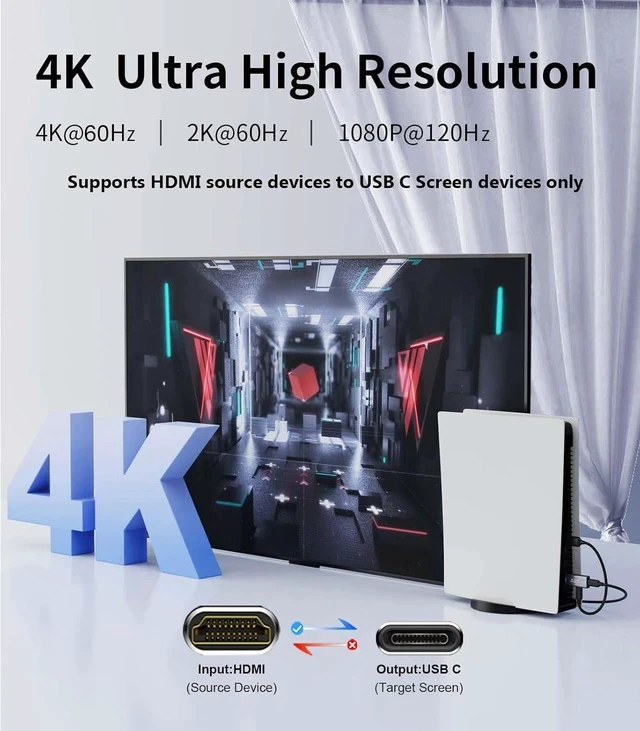 Alt view image 2 of 7 - HDMI to USB C Adapter | 4K@60Hz HDMI Source to USB-C Display Converter for XR/AR Glasses(XREAL One Air 2 Pro VITURE Pro RayNeo Air 2s Rokid) Portable Monitors Laptop Switch PS5/4 Xbox