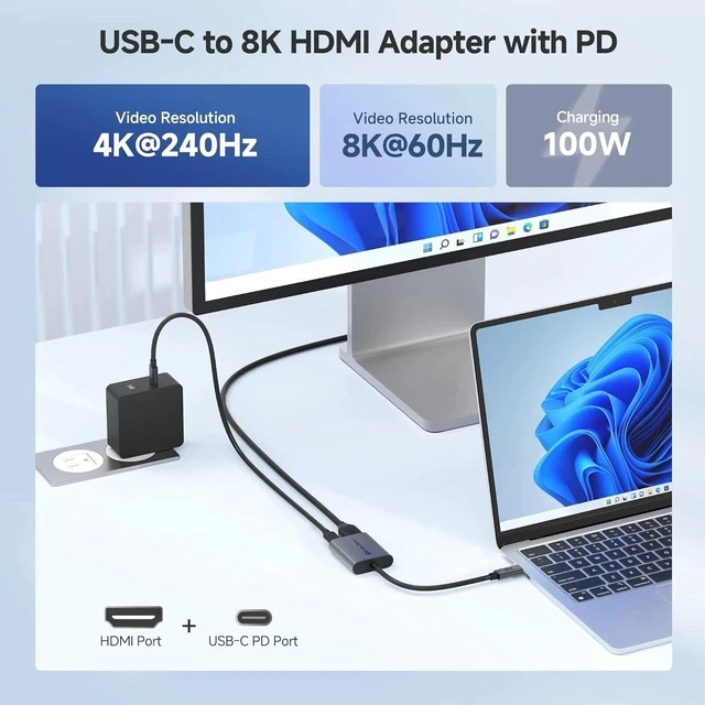 Alt view image 2 of 7 - 48Gbps USB C to HDMI 2.1 Adapter with 100W Charging 4K 240Hz /8K 60Hz HDR - Thunderbolt 4 Compatible with iPhone 16/15 Pro Max (Max Resolution on Any MacBook is 4K@60Hz)