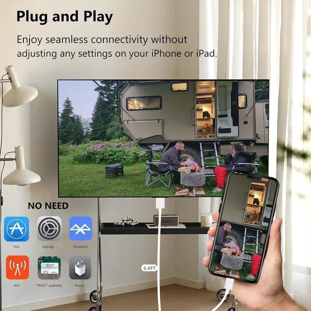 Alt view image 3 of 7 - Lightning to HDMI Cable for iPhone Digital AV Adapter 1080P HD Video Sync Screen Connector iPhone to HDMI for TV Projector Monitor 6.6FT
