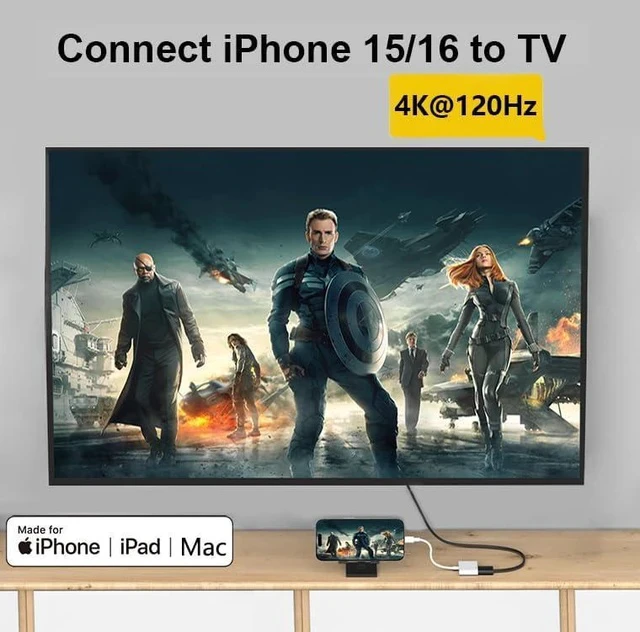 Alt view image 2 of 7 - USB-C to HDMI Adapter 4K@120Hz for iPhone 15 16 17 to TV MFi Certified Type-C to HDMI 2.3 Dongle Cord with 100W Fast Charging Port for MacBook Pro/Air iPad Pro iMac Galaxy S25/S24 and More