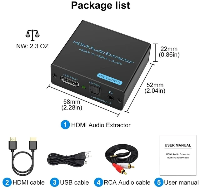 Alt view image 7 of 7 - HDMI Audio Extractor 4K HDMI to Optical 3.5mm AUX Audio Adapter Splitter Converter Support HDCP Digital DTS 5.1 PCM