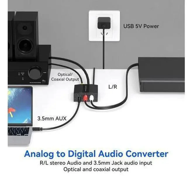 Alt view image 3 of 7 - Analog to Digital Audio Converter RCA to Optical Converter RCA/3.5MM to Toslink and Coaxial Adapter for PS5 PS4 TV DVD Soundbar
