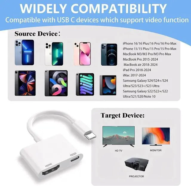 Alt view image 2 of 7 - USB C to HDMI for TV 4K@60Hz Type C to HDMI Adapter with Charging Port iPhone to Hdmi to USB C Adapter Compatible for iPhone 16/15 Series/iPad Pro/Galaxy/MacBook Pro to HDTV Projector