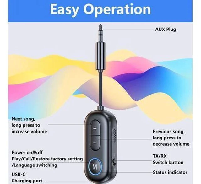 Alt view image 3 of 7 - Bluetooth 5.4 Transmitter Receiver - 2-in-1 Bluetooth Wireless Audio Transmitter for Headphones or BT Devices - 3.5mm Audio Jack Adapter for TV, Airplane, Car, PC, Gym Equipment, Switch
