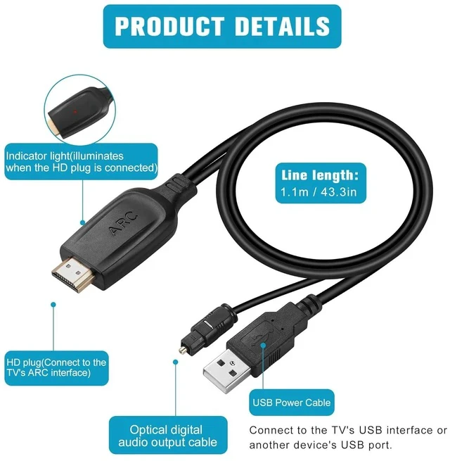 Alt view image 6 of 7 - 192KHz HDMI ARC to Optical Audio Converter for TV to Soundbar Plug & Play 3.7ft/1.15m ARC to Optical Cable Audio Extractor Adapter Splitter for Sound System Speaker Home Theater Support Dolby/DTS 5.1