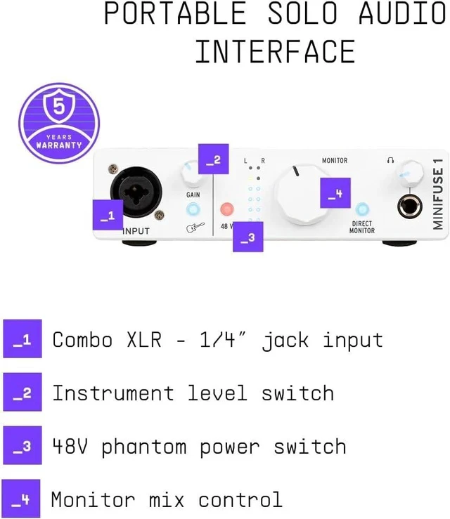 Alt view image 4 of 6 - MiniFuse 1 - Compact USB Audio Interface with Creative Software for Recording, Production, Podcasting, Guitar - White | USB-C 1x Combo Xlr and ¼ Input, 48V Phantom, Headphone and Stereo Outs, Loopbac