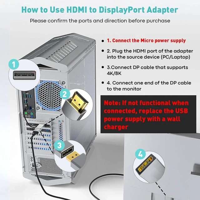 Alt view image 4 of 7 - HDMI to DisplayPort Adapter (4K 60Hz 1080p 120Hz) Uni-Directional Only HDMI (Source) to DP (Display) Converter Male to Female for Laptop AMD NVIDIA PS5 Xbox and More - 1 Pack