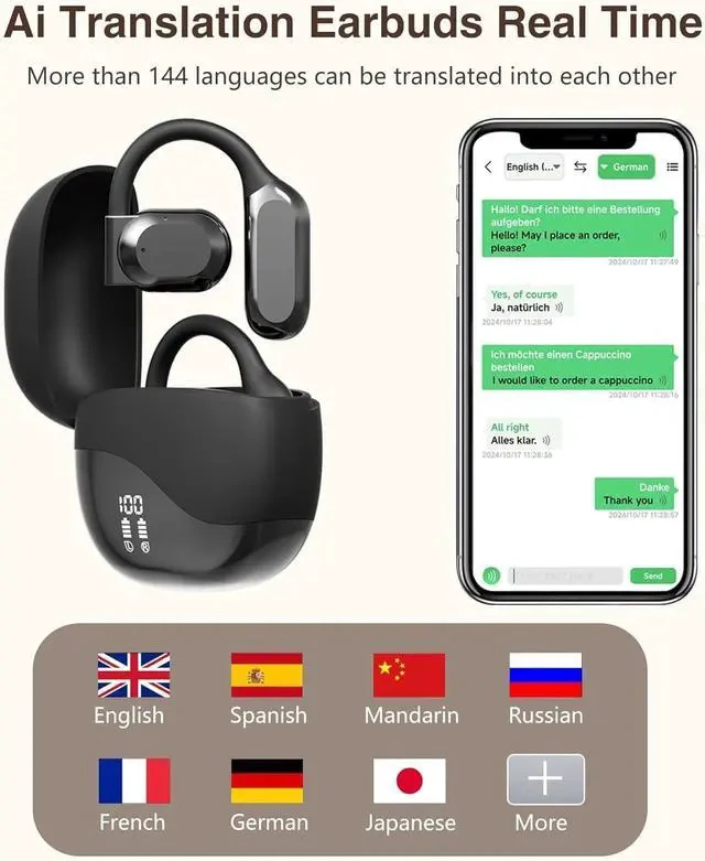 Alt view image 2 of 7 - Ai Translation Earbuds Real Time, Wireless Bluetooth Ear Buds Translator, Language Translating Headphones,HiFi Sound,144 Languages for Travel, Business, Music,Learning-Glossy Black