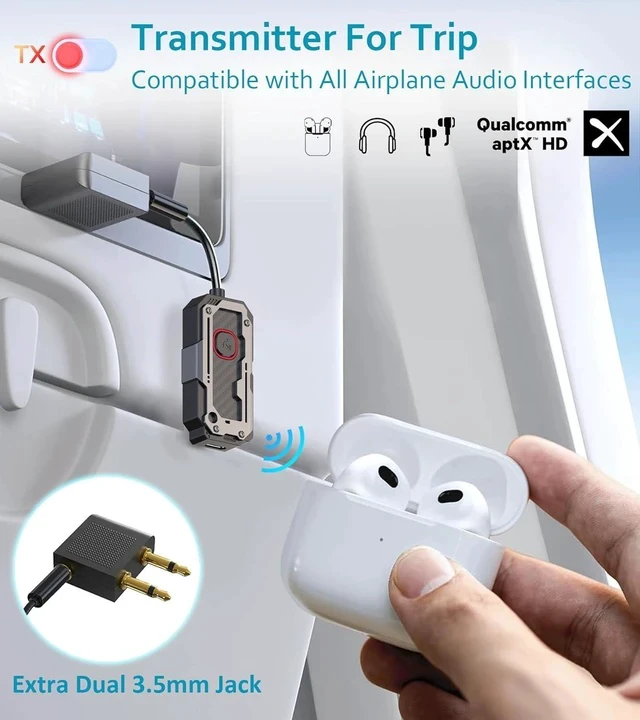 Alt view image 5 of 7 - Bluetooth Transmitter Receiver Audio Adapter Wireless AUX for 2 Headphones/iPhones Use 3.5mm Jack for Airplanes Car Radio TVs PCs amplifiers Home Stereos Audio Steaming Hands-Free Call