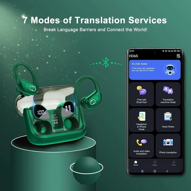 Alt view image 2 of 7 - AI Translation Earbuds Real Time, 164 Language Translator Earbud 3-in-1 Bluetooth 5.4 Translator Earbuds with 6 Translation Modes, 75H Translators Headphones with APP for Travel Business, Dark Green
