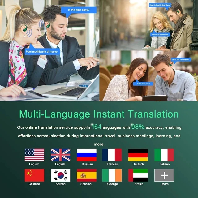 Alt view image 4 of 7 - AI Translation Earbuds Real Time, 164 Language Translator Earbud 3-in-1 Bluetooth 5.4 Translator Earbuds with 6 Translation Modes, 75H Translators Headphones with APP for Travel Business, Dark Green