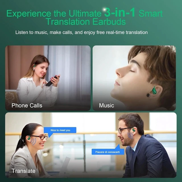 Alt view image 6 of 7 - AI Translation Earbuds Real Time, 164 Language Translator Earbud 3-in-1 Bluetooth 5.4 Translator Earbuds with 6 Translation Modes, 75H Translators Headphones with APP for Travel Business, Dark Green