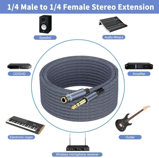 Alt view image 4 of 7 - 1/4 inch Extension Cable 10ft 1/4 Male to Female Stereo Headphone Guitar Cable