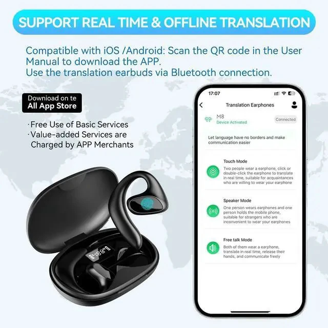 Alt view image 2 of 6 - AI Language Translator Earbuds,2025 Translation Earbuds Real time,150 Languages Bluetooth Translator Device and Accents 9 Offline Language Translation, Translation Device for Travel Business-Black