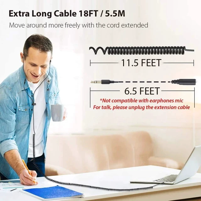 Alt view image 3 of 7 - Long Cord Earbuds for TV & PC 18ft / 5.5m Extension Cable Earphones with Mic & Extra Long Spring Coil Wire Metal Stereo in-Ear Wired Bass Headphones for 3.5mm Audio Output Devices - HF027