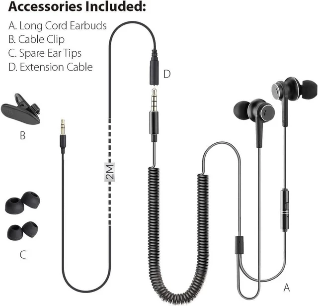 Alt view image 6 of 7 - Long Cord Earbuds for TV & PC 18ft / 5.5m Extension Cable Earphones with Mic & Extra Long Spring Coil Wire Metal Stereo in-Ear Wired Bass Headphones for 3.5mm Audio Output Devices - HF027