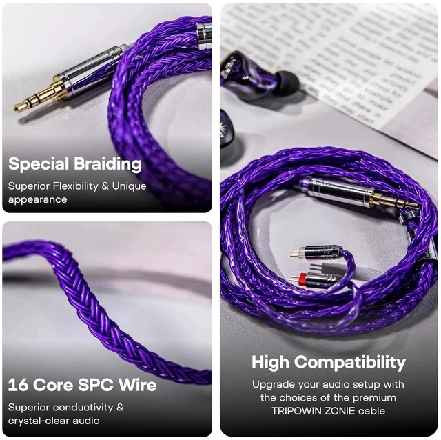 Alt view image 3 of 7 - Tripowin Zonie IEM Cable 16 Core Silver Plated Earphone Upgraded Cords 1.25m SPC in Ear Monitor Cable for 7hz Zero:2 Orchestra Lite Cadenza Hype4 Supermix4(2pin 0.78mm 3.5mm)(Violet)