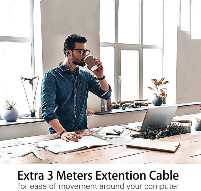 Alt view image 6 of 7 - Anti-Dropping Wired TV Earphone with Volume Control Extra Long Cord Headphone with Mic for TV PC RCA & 3.5mm Cable Included 14.9ft Extension Cable Earphone Extra Soft Ear Tips SM-901TV