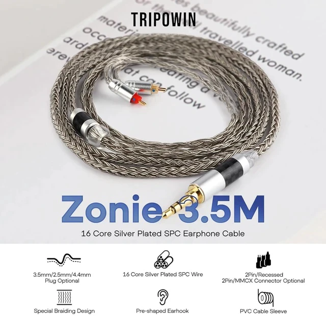 Alt view image 2 of 7 - Tripowin Zonie IEM Cable 16 Core Silver Plated Earphone Upgraded Cords 1.25m SPC in Ear Monitor Cable for ZS10 PRO 2 AS10 PRO ZSN PRO X Waner SIMGOT EM6L(Recessed 2pin 3.5mm)(Grey)