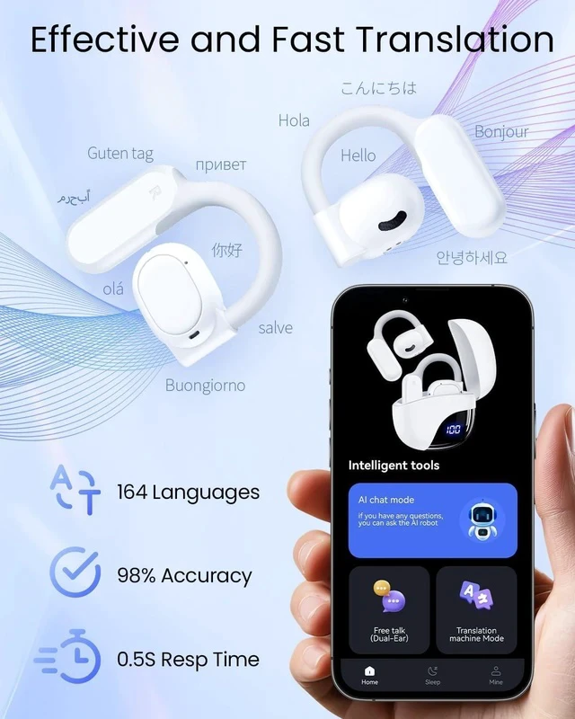 Alt view image 6 of 7 - AI Translation Earbuds Real Time 164 Languages 80H Playtime Translator Ear Buds Audifonos Traductores Inglés Español Wireless Earphones Bluetooth Headphones for Travel Business Meeting Learning White