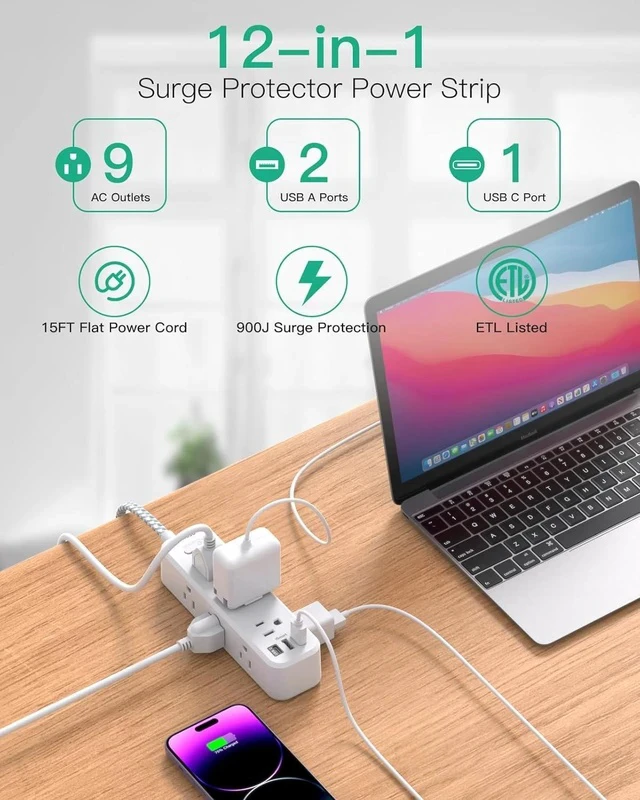 Alt view image 3 of 7 - Extension Cord Surge Protector Power Strip Long Extension Cord with 9 Outlets 3 USB Ports Extension Cord with Multiple Outlets USB Power Strip for Dorm Room Essentials College(15FT White)