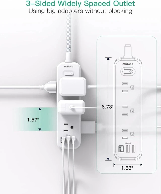 Alt view image 4 of 7 - Extension Cord Surge Protector Power Strip Long Extension Cord with 9 Outlets 3 USB Ports Extension Cord with Multiple Outlets USB Power Strip for Dorm Room Essentials College(15FT White)
