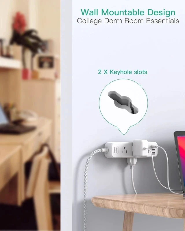 Alt view image 7 of 7 - Extension Cord Surge Protector Power Strip Long Extension Cord with 9 Outlets 3 USB Ports Extension Cord with Multiple Outlets USB Power Strip for Dorm Room Essentials College(15FT White)