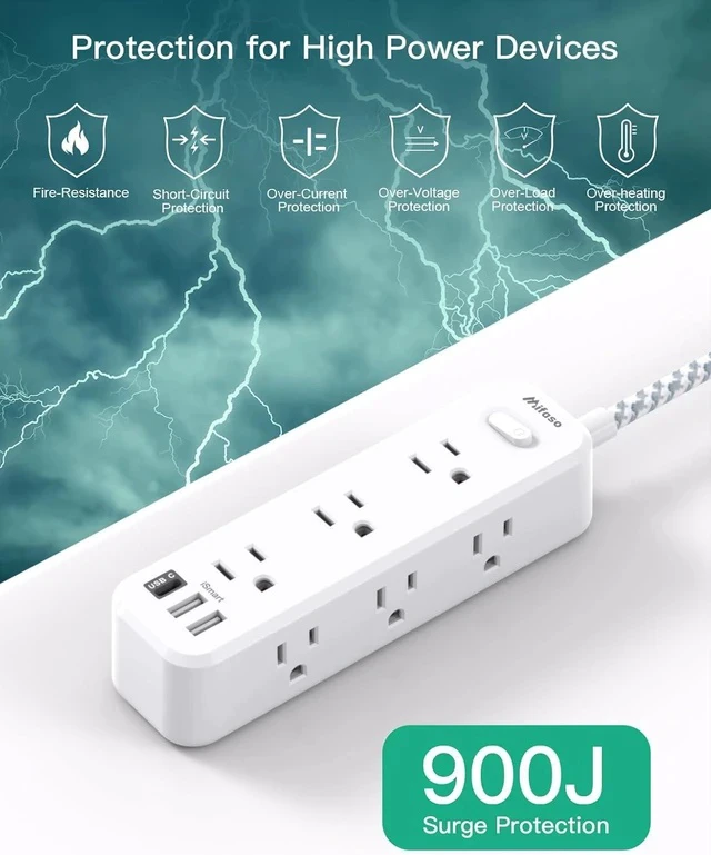 Alt view image 6 of 7 - Extension Cord Surge Protector Power Strip Long Extension Cord with 9 Outlets 3 USB Ports Extension Cord with Multiple Outlets USB Power Strip for Dorm Room Essentials College(15FT White)