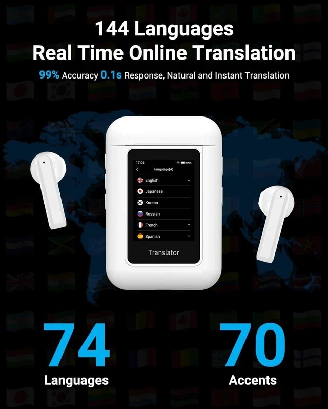 Alt view image 2 of 7 - XUPURTLK Language Translator Device, Translation Earbuds Real Time with 144 Languages, Translator Device with AI Translator Earbuds Support ChatGPT/Recording, Portable Language Translator No Need APP