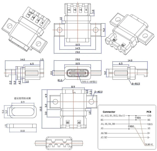 Alt view image 5 of 7 - xiwai 5pcs/Set DIY OEM Type C Female Socket Connector to 6Pin PCBA Pinout Flat Scew Mount Type PD Power DC 5V/20V for Wiring