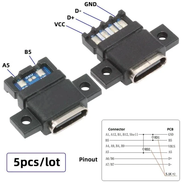 Alt view image 4 of 7 - xiwai 5pcs/Set DIY OEM Type C Female Socket Connector to 6Pin PCBA Pinout Flat Scew Mount Type PD Power DC 5V/20V for Wiring