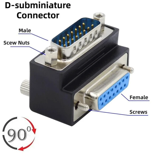 Alt view image 5 of 7 - xiwai DB15 Serial Adapters D-SUB 15-pin RS232 D-subminiature Adapter Male to Female with Screw Nuts DB Connector Up 90 Degree Angled