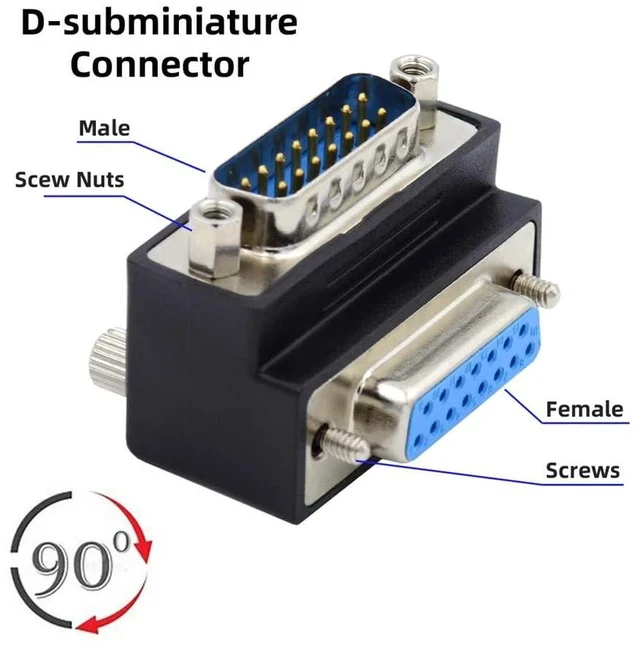 Alt view image 2 of 7 - xiwai DB15 Serial Adapters D-SUB 15-pin RS232 D-subminiature Adapter Male to Female with Screw Nuts DB Connector Down 90 Degree Angled