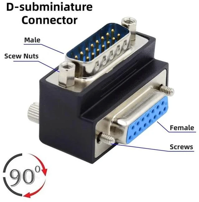 Alt view image 5 of 7 - RS232 D-subminiature 15pin Male Nut to Female Screw Extension Adapter DB Connector Down 90 Degree Angled