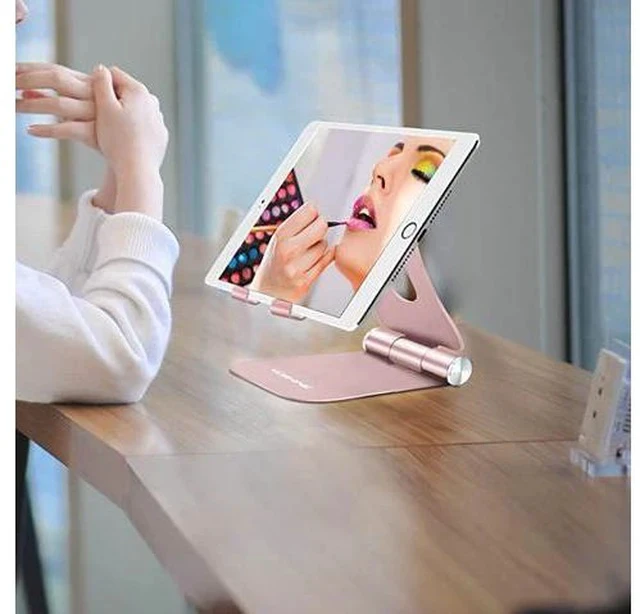 Alt view image 4 of 7 - Latest Version Foldable Cell Phone Holder Adjustable Cell Phone Stands Tablet Stand Solid Aluminum Stand Charging Dock for All Smart Phones and Tablets Desk Phone Accessories Rose Gold