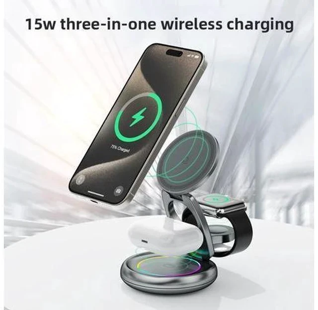 Alt view image 5 of 5 - 15W 3 in 1 Foldable Magnetic Wireless Charging Station 360 Rotation Fast Charging Stand for Phone Earbuds Smart Watch