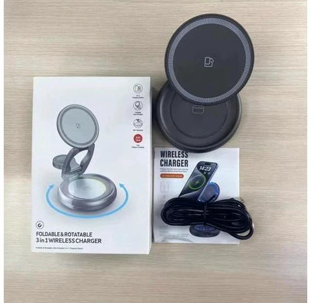 Main image of 15W 3 in 1 Foldable Magnetic Wireless Charging Station 360 Rotation Fast Charging Stand for Phone Earbuds Smart Watch Gray