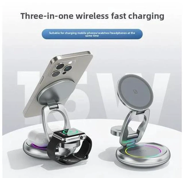 Alt view image 2 of 7 - 15W 3 in 1 Foldable Magnetic Wireless Charging Station 360 Rotation Fast Charging Stand for Phone Earbuds Smart Watch Gray