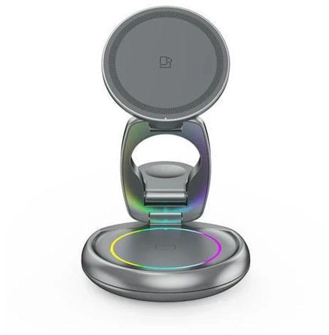 Alt view image 3 of 7 - 15W 3 in 1 Foldable Magnetic Wireless Charging Station 360 Rotation Fast Charging Stand for Phone Earbuds Smart Watch Gray