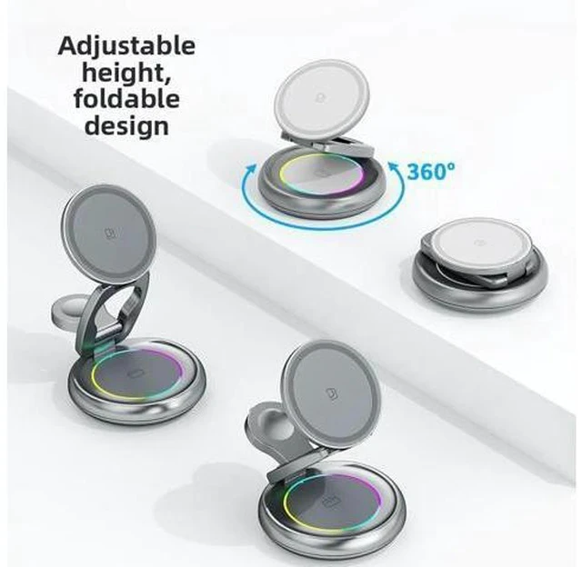 Alt view image 5 of 7 - 15W 3 in 1 Foldable Magnetic Wireless Charging Station 360 Rotation Fast Charging Stand for Phone Earbuds Smart Watch Gray