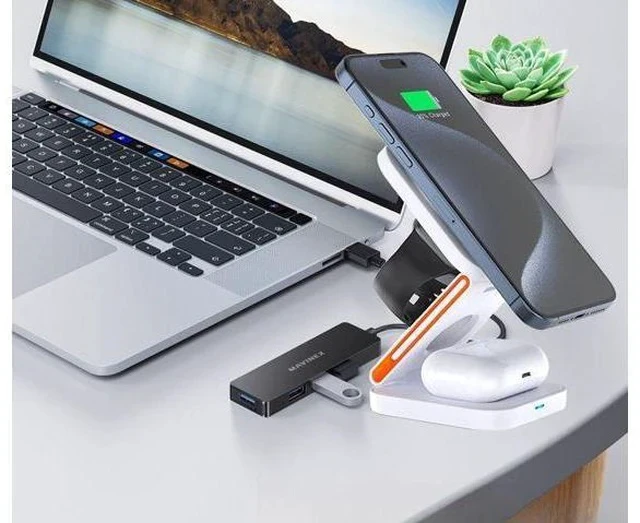 Alt view image 2 of 7 - 3-in-1 Foldable Magnetic Wireless Charger Multifunction Phone Charging Stand with Holder White