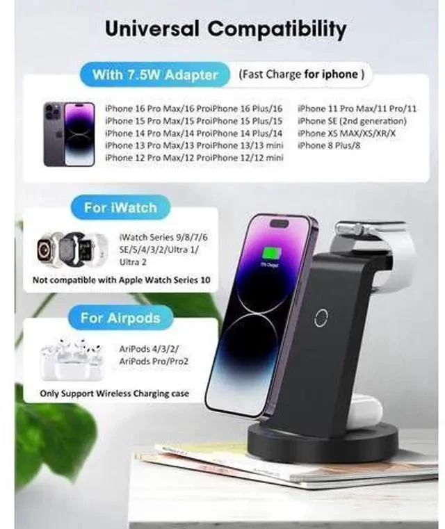 Alt view image 3 of 7 - 3 in 1 Charging Station for Device Wireless Charger for iPhone 16e 16 15 14 13 12 11 Pro Max & Watch iwatch- Charging Stand Dock for AirPods