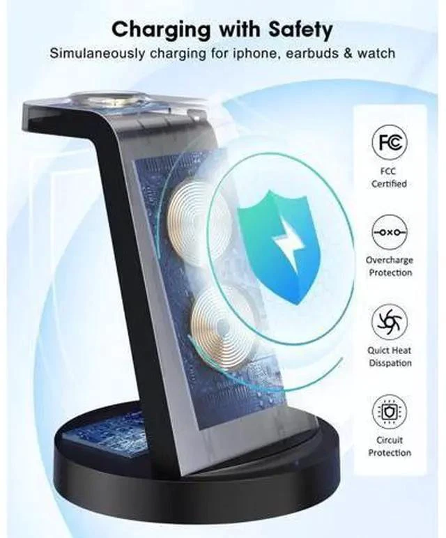 Alt view image 4 of 7 - 3 in 1 Charging Station for Device Wireless Charger for iPhone 16e 16 15 14 13 12 11 Pro Max & Watch iwatch- Charging Stand Dock for AirPods