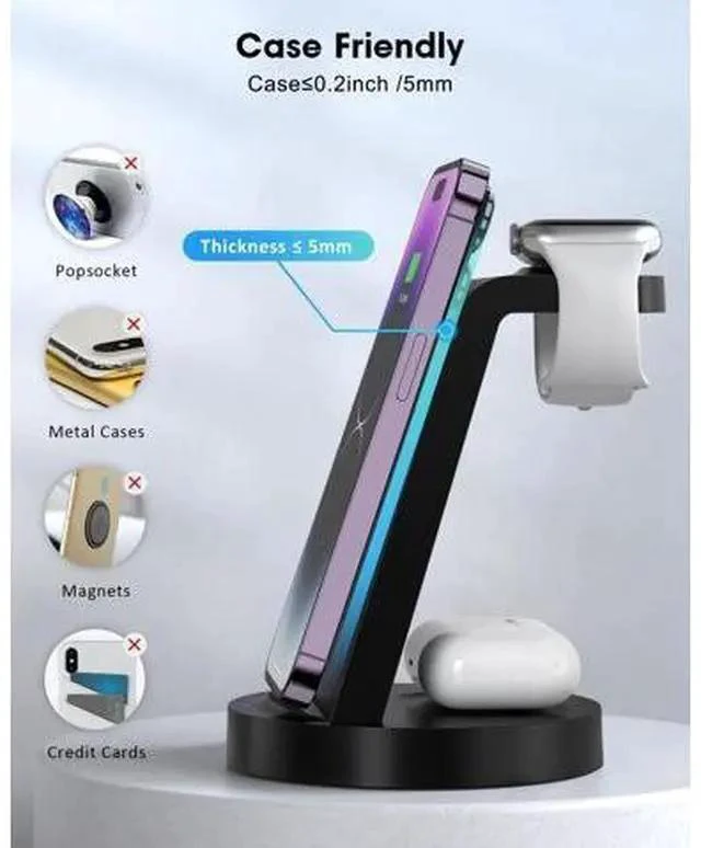 Alt view image 5 of 7 - 3 in 1 Charging Station for Device Wireless Charger for iPhone 16e 16 15 14 13 12 11 Pro Max & Watch iwatch- Charging Stand Dock for AirPods
