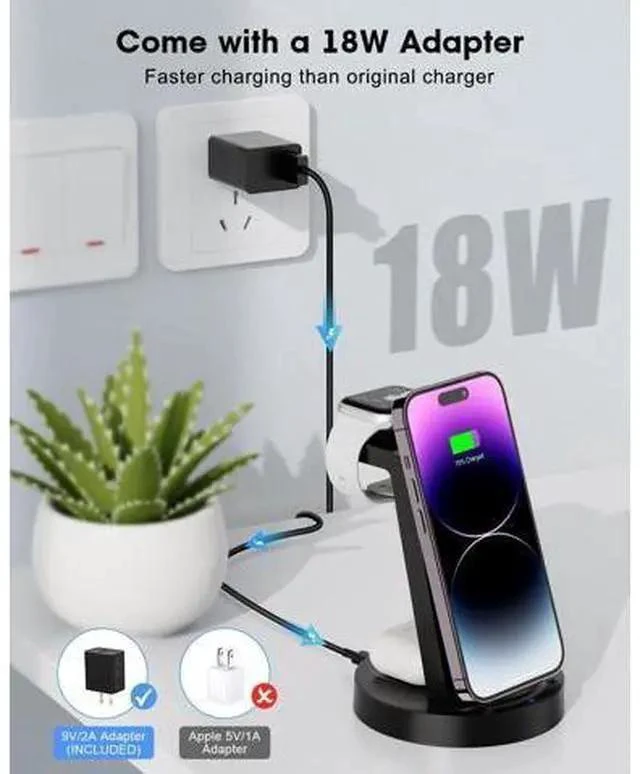 Alt view image 6 of 7 - 3 in 1 Charging Station for Device Wireless Charger for iPhone 16e 16 15 14 13 12 11 Pro Max & Watch iwatch- Charging Stand Dock for AirPods