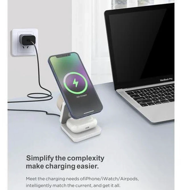 Alt view image 2 of 3 - Portable Foldable Multi-Functional 3 in 1 Magnetic Wireless Charger Dock 15W Fast Charging Stand for iPhone iWatch AirPods White