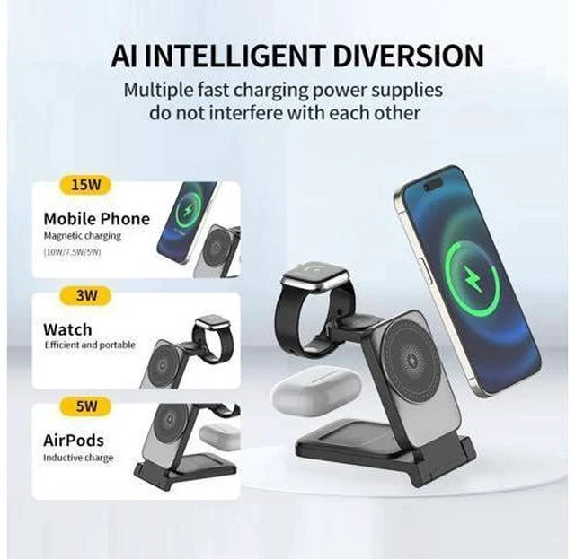 Alt view image 4 of 7 - 3-in-1 Magnetic Wireless Smart Watch Charger for Compatible 15W 10W Fast Charger Portable Travel Charging Stand Dock iPhone